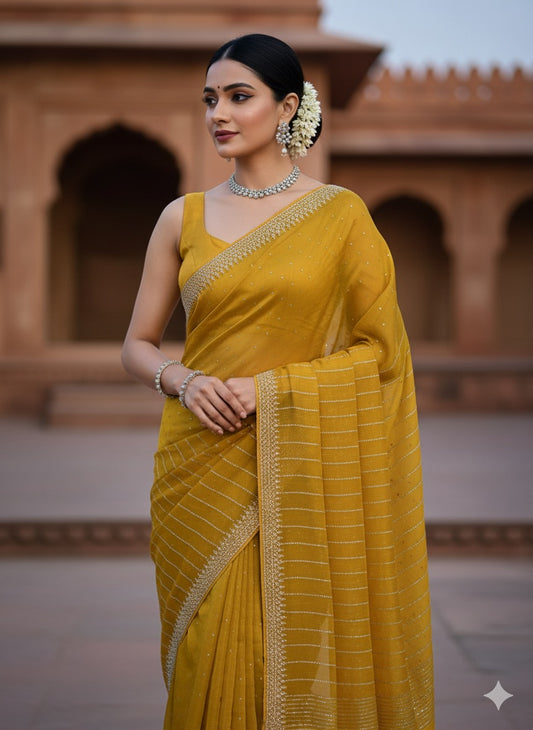 Radiant Marigold Georgette Saree with Allover Crystal Work