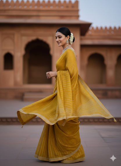Radiant Marigold Georgette Saree with Allover Crystal Work