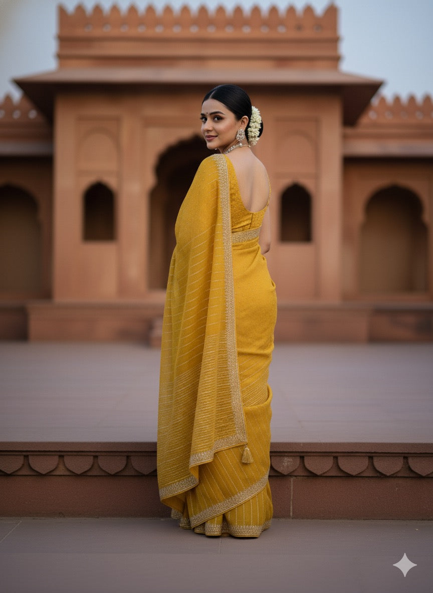 Radiant Marigold Georgette Saree with Allover Crystal Work