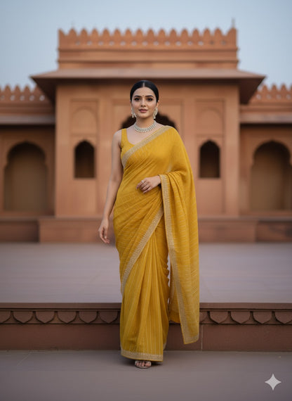 Radiant Marigold Georgette Saree with Allover Crystal Work