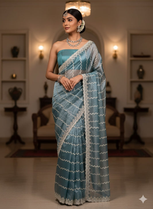 Whispering Waves Blue Organza Saree