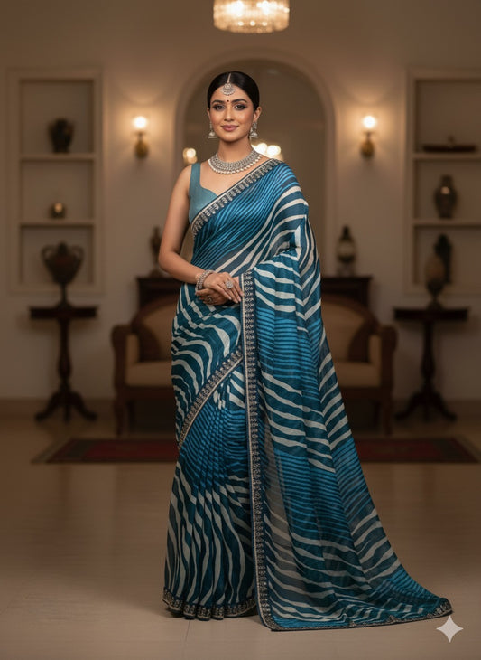 Aqua Wave Abstract Print Saree with Embroidered Border