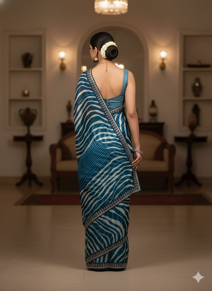Aqua Wave Abstract Print Saree with Embroidered Border