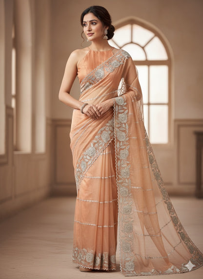 Ethereal Peach Organza Saree with Floral Scalloped Border