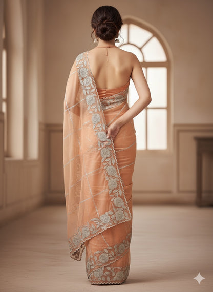 Ethereal Peach Organza Saree with Floral Scalloped Border