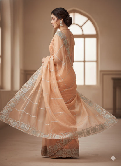 Ethereal Peach Organza Saree with Floral Scalloped Border