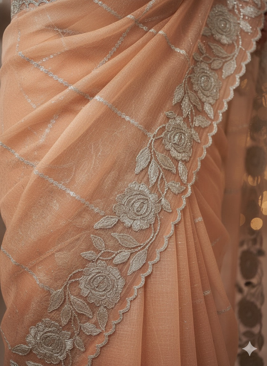 Ethereal Peach Organza Saree with Floral Scalloped Border