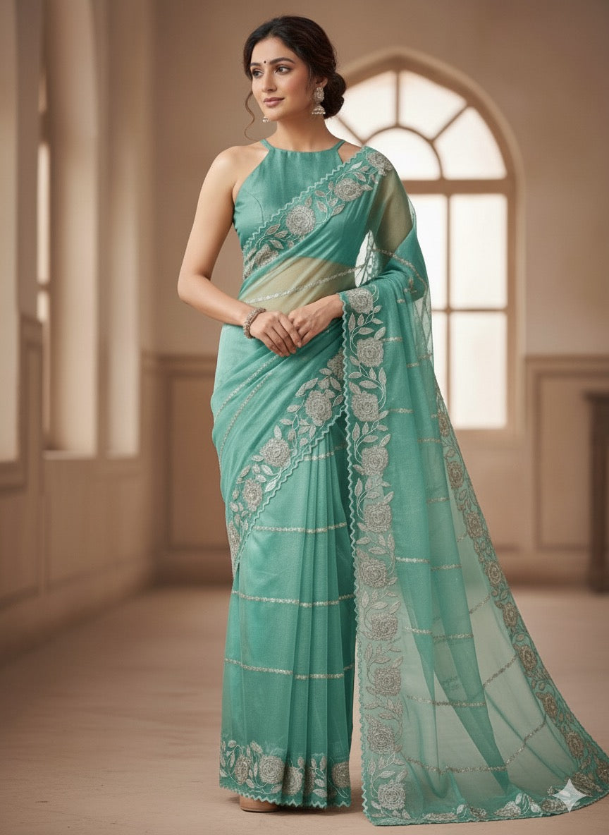 Ethereal Teal Organza Saree with Scalloped Floral Border