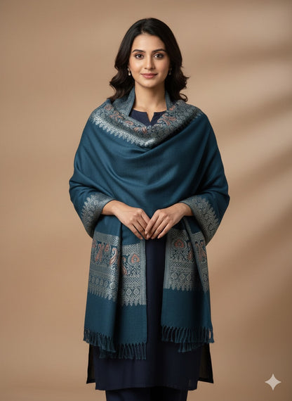 Teal Heritage Paisley Border Winter Shawl