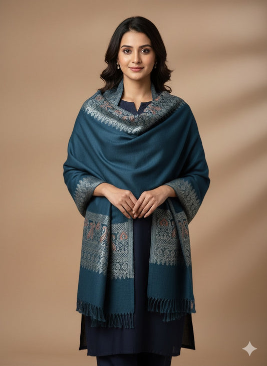 Teal Heritage Paisley Border Winter Shawl