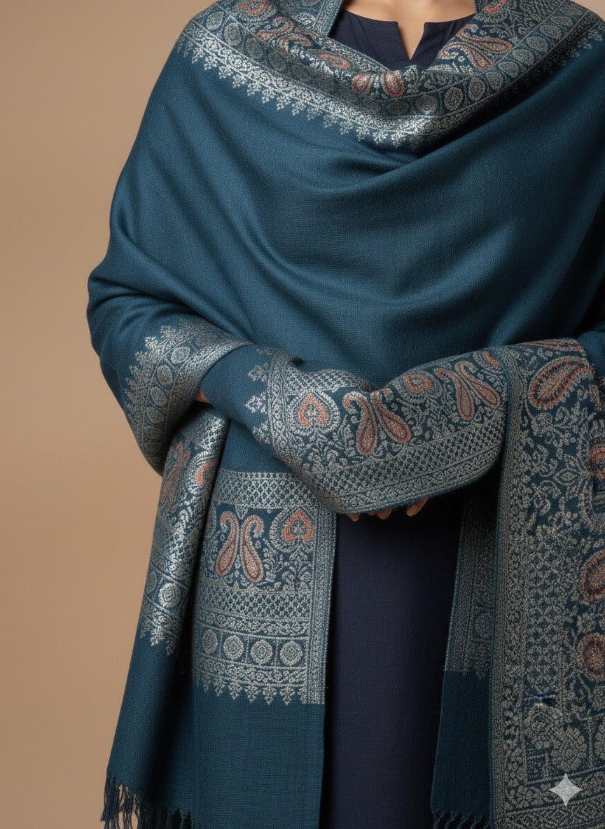 Teal Heritage Paisley Border Winter Shawl