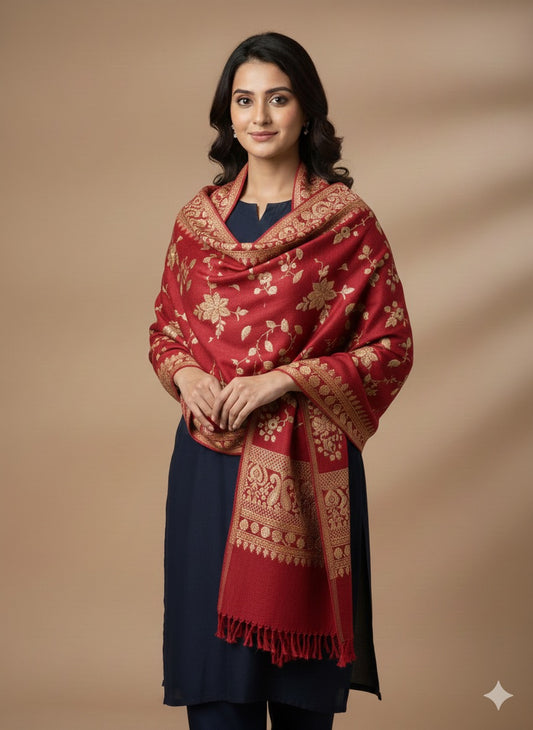 Crimson Bloom Zari-Weave Winter Shawl