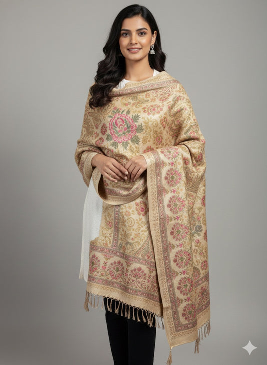 Vintage Bloom Kashmiri-Style Jacquard Shawl