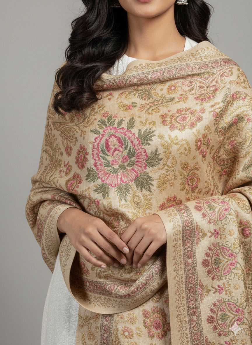 Vintage Bloom Kashmiri-Style Jacquard Shawl