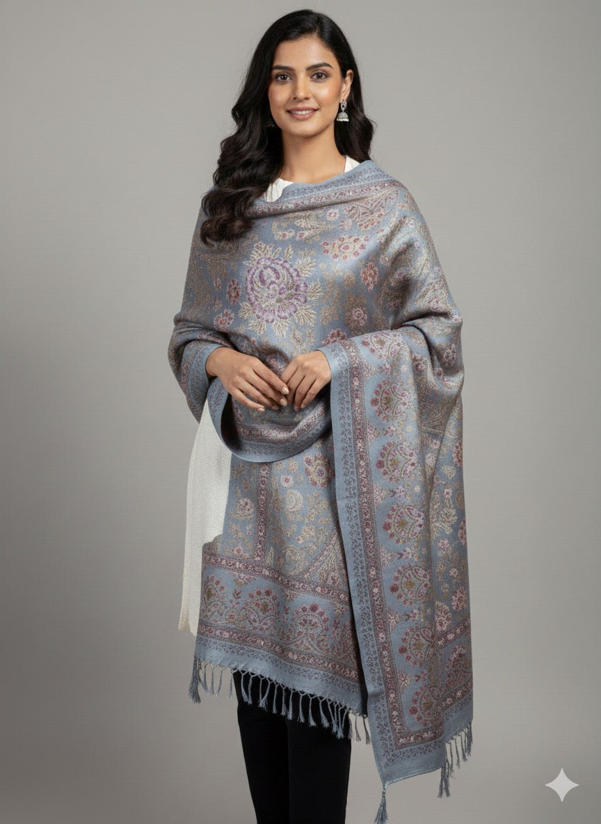 Frosted Blue Kashmiri-Style Jacquard Shawl