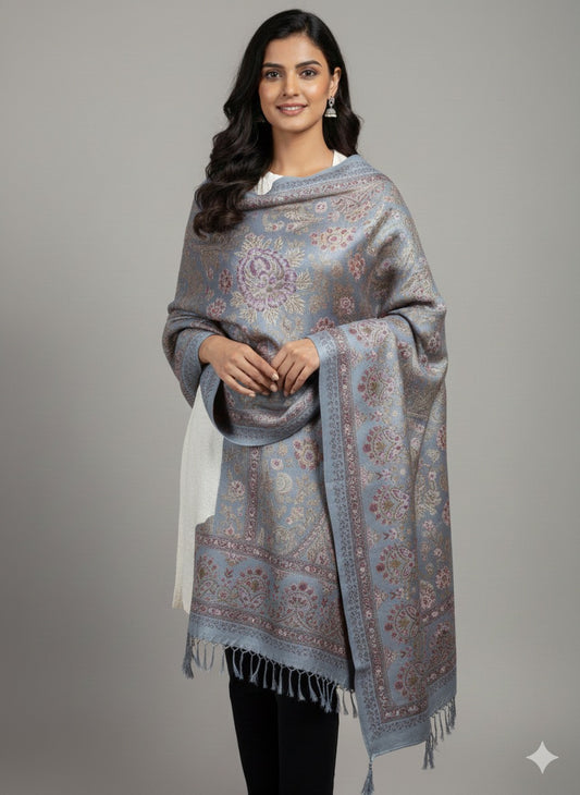Frosted Blue Kashmiri-Style Jacquard Shawl