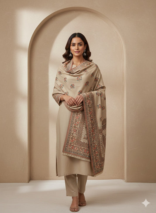 Elegant Beige Kashmiri-Style Woven Shawl