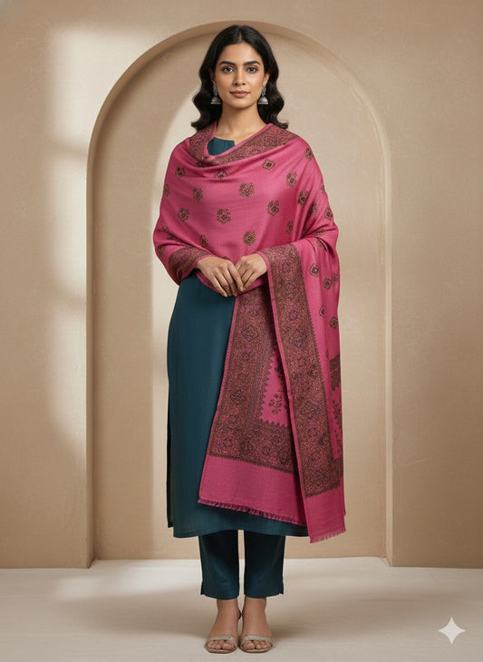 Rosewood Pink Kashmiri-Style Woven Shawl