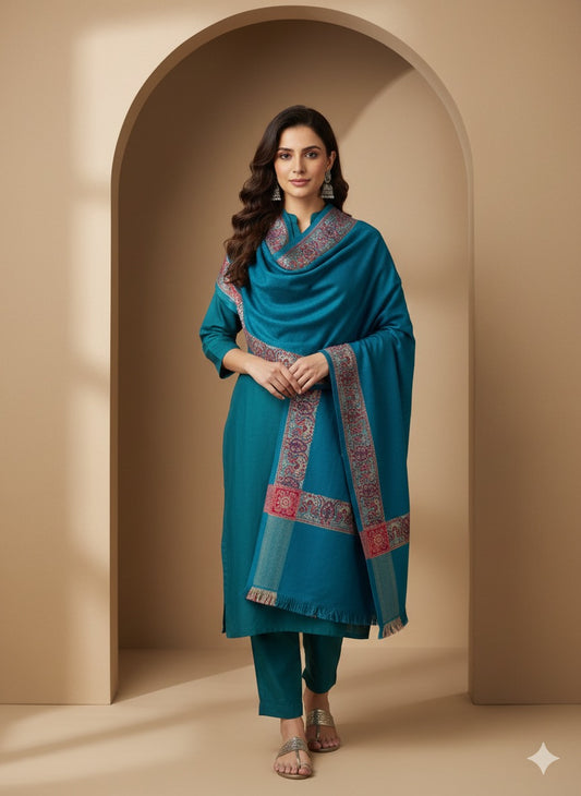Teal Blue Paisley Border Woven Shawl