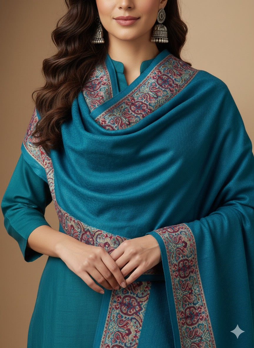 Teal Blue Paisley Border Woven Shawl
