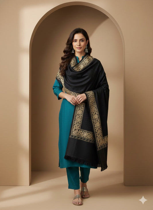 Black &amp; Gold Kashmiri-Style Woven Shawl