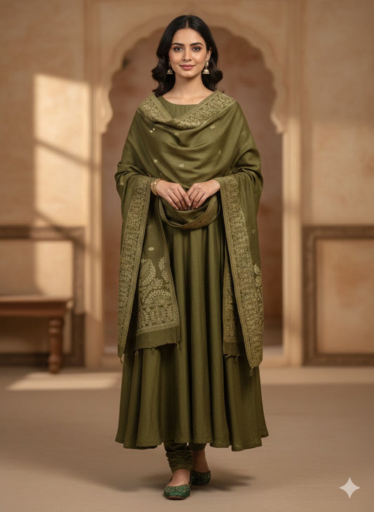 Olive Green Kashmiri-Style Woven Shawl