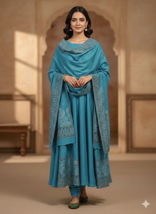 Sky Teal Kashmiri-Style Woven Shawl