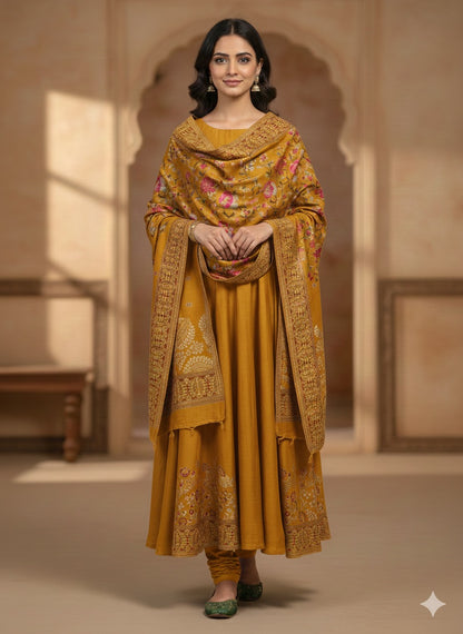 Mustard Gold Kashmiri-Style Floral Woven Shawl