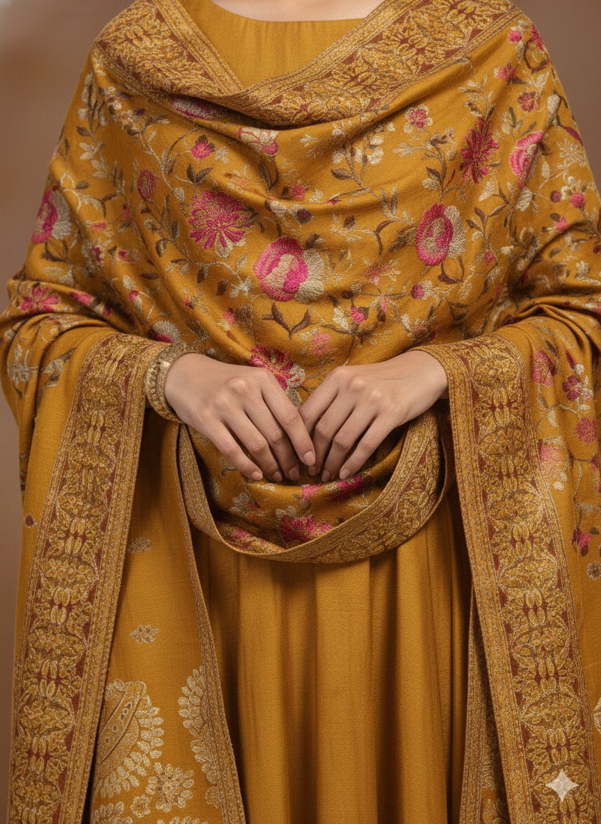 Mustard Gold Kashmiri-Style Floral Woven Shawl