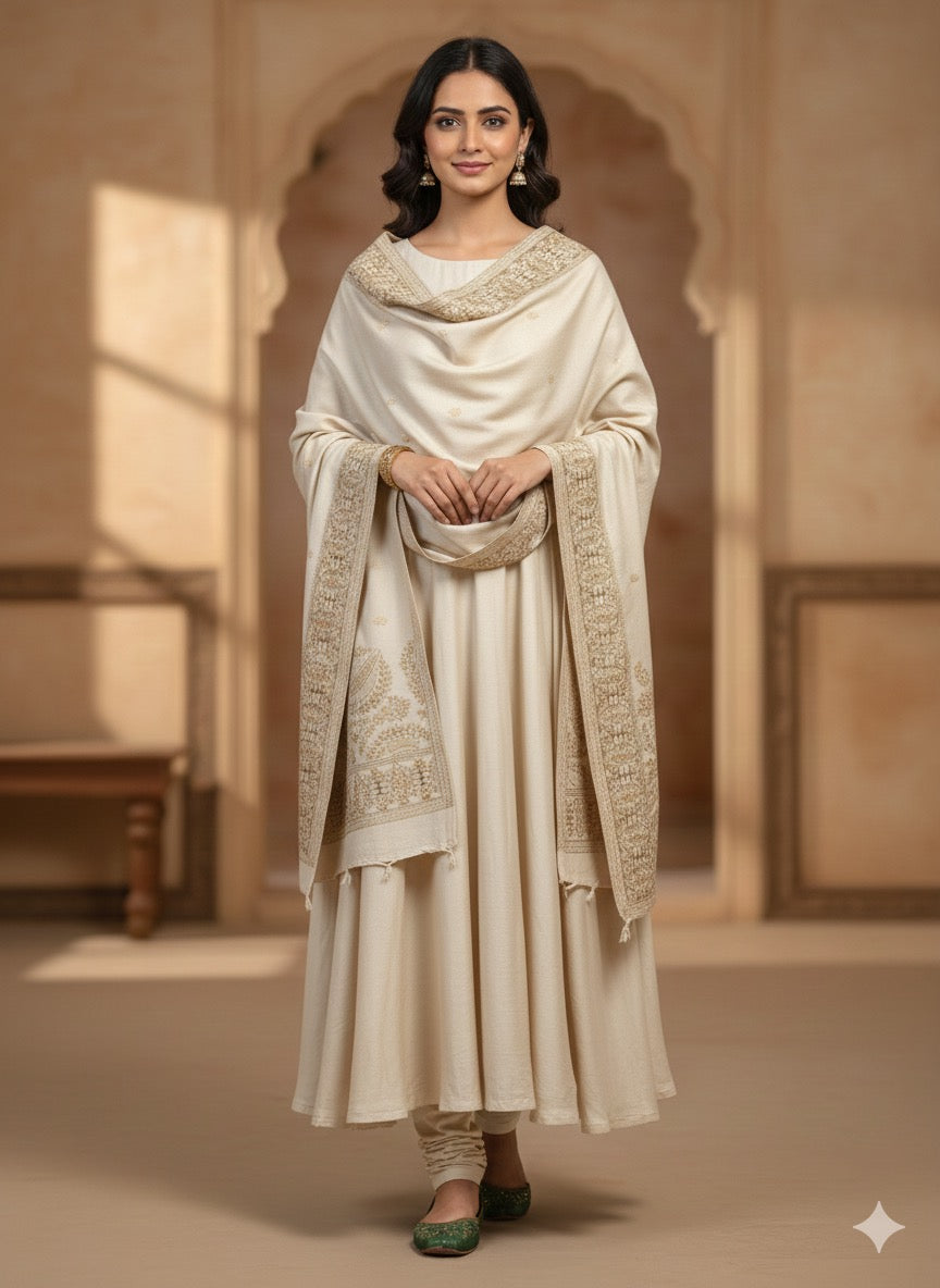 Ivory Kashmiri-Style Tonal Woven Shawl
