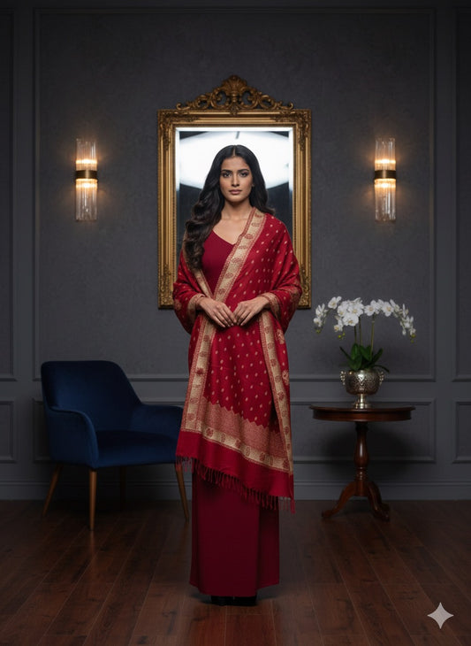 Crimson Red Banarasi-Style Woven Shawl