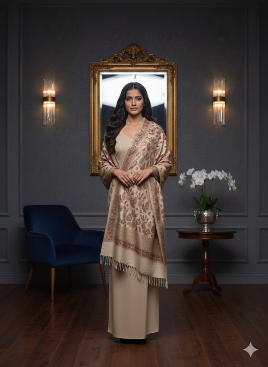 Beige &amp; Rose Kashmiri-Style Paisley Woven Shawl