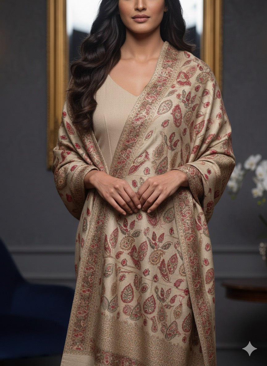 Beige &amp; Rose Kashmiri-Style Paisley Woven Shawl