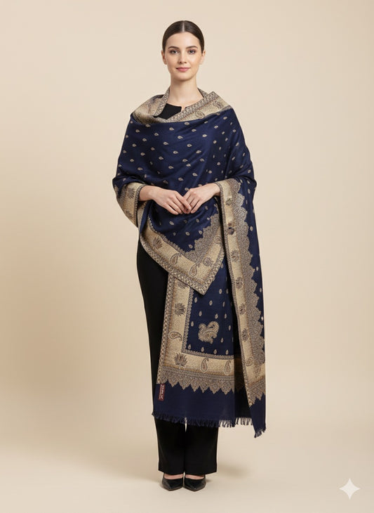 Navy Blue Kashmiri-Style Woven Shawl