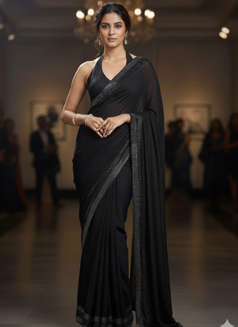 Midnight Allure: Classic Black Saree with Glittering Crystal Border
