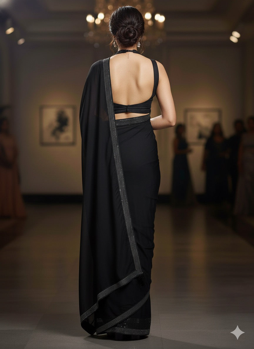 Midnight Allure: Classic Black Saree with Glittering Crystal Border