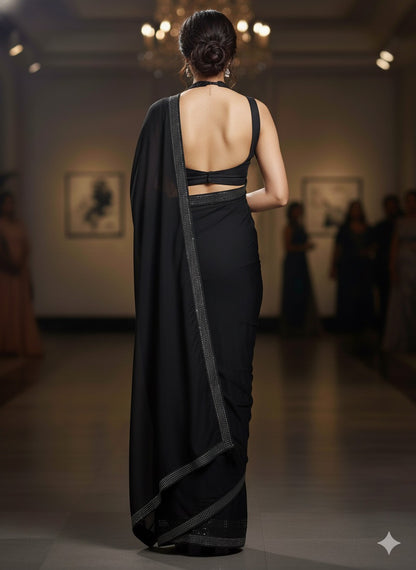 Midnight Allure: Classic Black Saree with Glittering Crystal Border