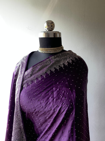 Purple Satin Saree With Stone Work And Unstitched Blouse Piece