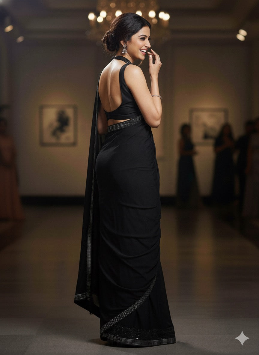 Midnight Allure: Classic Black Saree with Glittering Crystal Border
