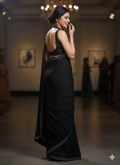 Midnight Allure: Classic Black Saree with Glittering Crystal Border