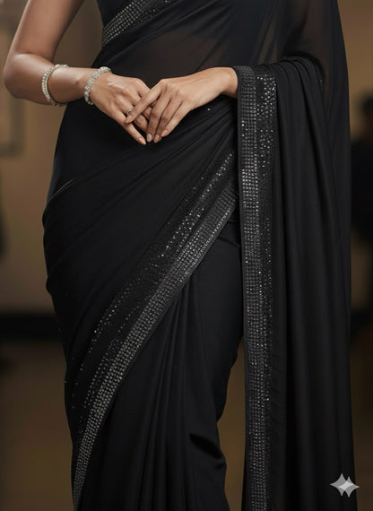 Midnight Allure: Classic Black Saree with Glittering Crystal Border