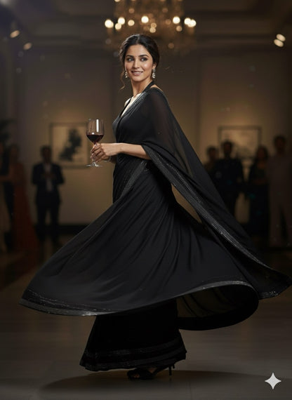 Midnight Allure: Classic Black Saree with Glittering Crystal Border