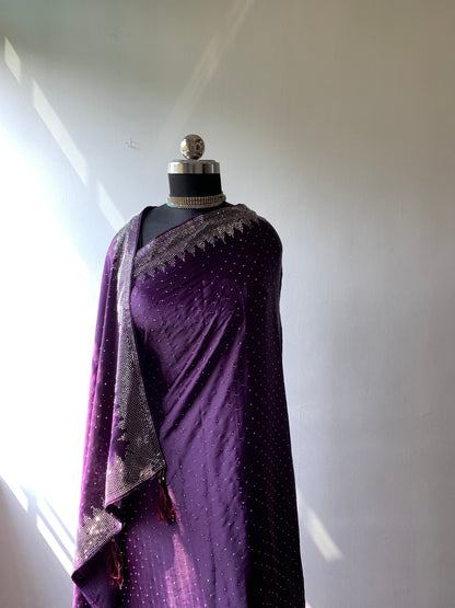 Purple Satin Saree With Stone Work And Unstitched Blouse Piece
