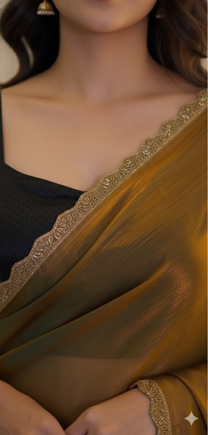 The Golden Hour – Mustard Shimmer Saree with Customizable Blouse Piece