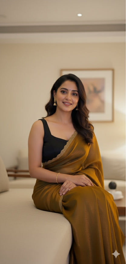 The Golden Hour – Mustard Shimmer Saree with Customizable Blouse Piece