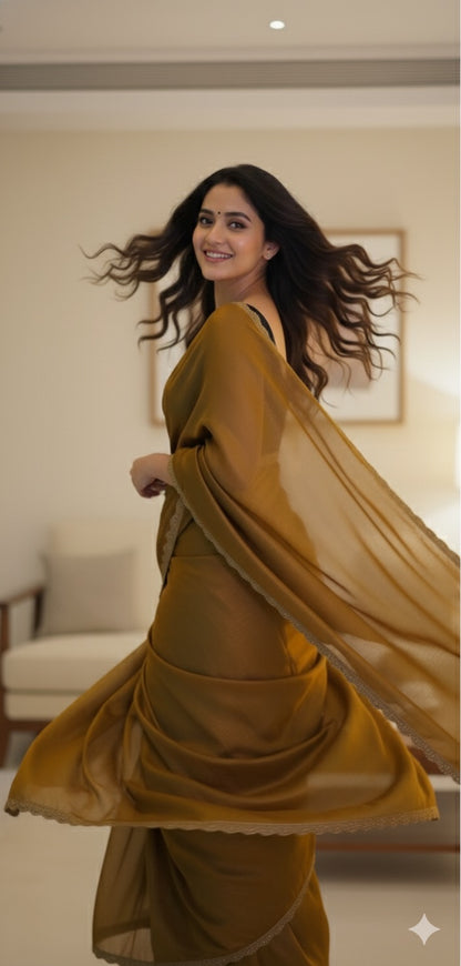 The Golden Hour – Mustard Shimmer Saree with Customizable Blouse Piece