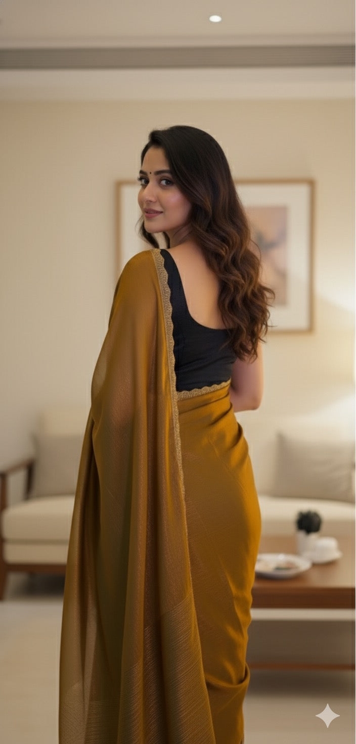 The Golden Hour – Mustard Shimmer Saree with Customizable Blouse Piece