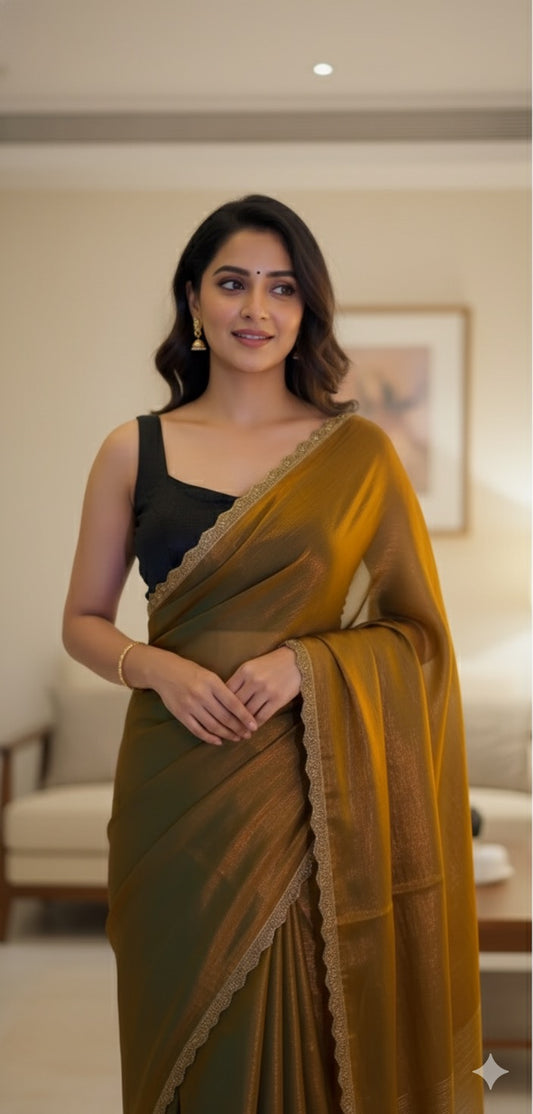 The Golden Hour – Mustard Shimmer Saree with Customizable Blouse Piece