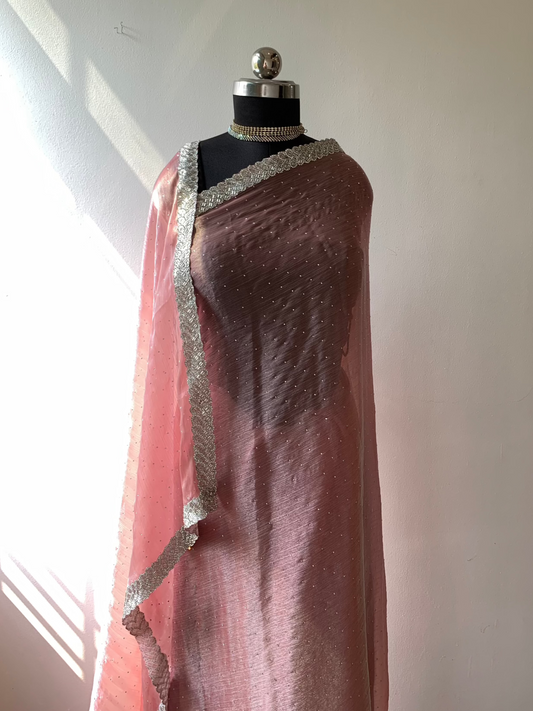 Pink Glass Tissue Saree With Sequin Work Border And Unstitched Blouse Piece
