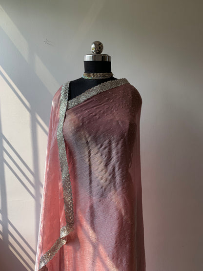 Pink Glass Tissue Saree With Sequin Work Border And Unstitched Blouse Piece